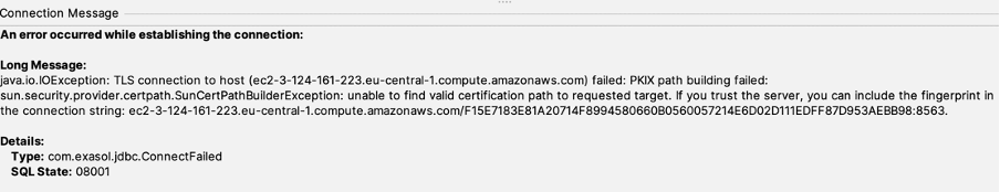 Error message while connectiong to Exasol